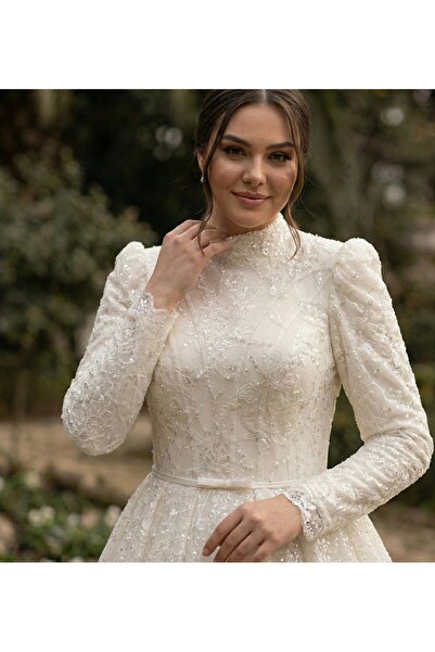 Ayşe gelinlik 50 Beden Büyük Beden Tesettür Gelinlik – Hakim Yaka Uzun Kollu ...