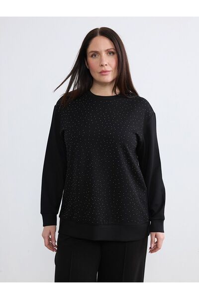 LC Waikiki Soulife Black Plus Size Crew Neck Women's Sweatshirt with Stones