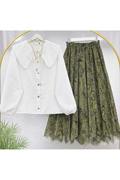 MODA VEDAT Women's Scallop Collar Shirt - Patterned Asymmetrical Cut Skirt Se...