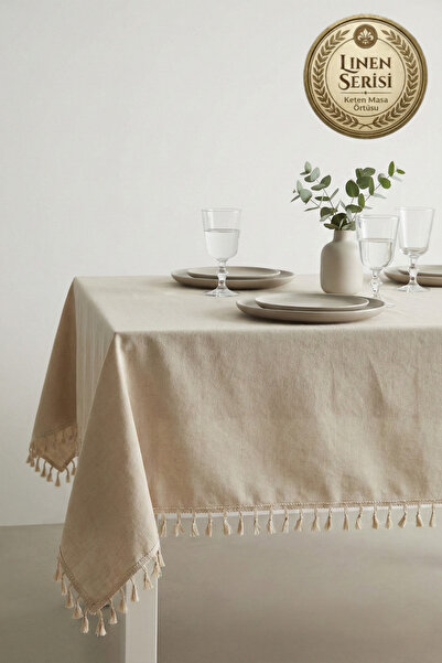 Morlay Linen |   Vintage Tasseled Natural Linen Tablecloth - Raw Beige Washed...
