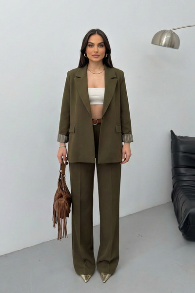 spirituel Women's Two-Piece Top and Bottom Set with Belt, Striped Lining, Poc...