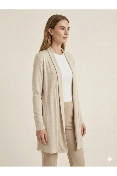 Look Forward Women's Beige Melange Color Long Wide Collar Basic Cardigan