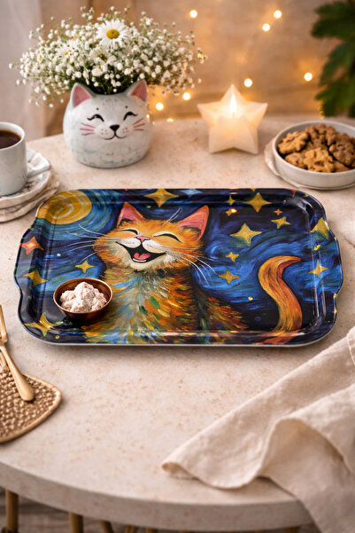 ATAGİFT HEDİYELİK Dekoratif Metal Tepsi 35x 20 cm | Kedi Desenli Sanatsal Tas...