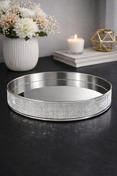 Brandsmiths صينية معدنية فاخرة بمرآة وتفاصيل من حجر الكريستال