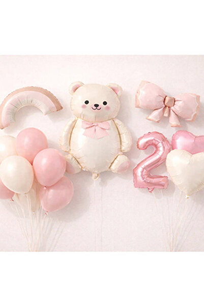 Çemrek Süs Parti Girl Bear Birthday Concept 16 Pieces with Rainbow Bow, Heart...