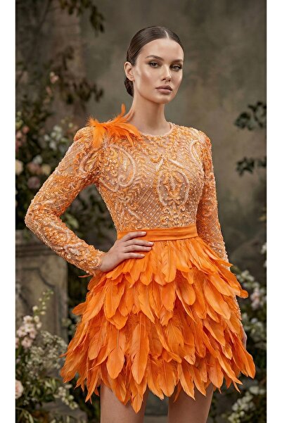 Ayşe gelinlik Turuncu Tüy Detaylı Mini Abiye Elbise – Taş İşlemeli Uzun Kollu...