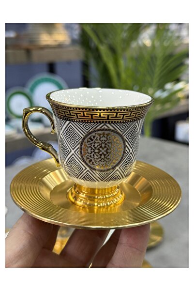 Doğudeko Luxury Porcelain 6-Piece Cup Set with Metal Plates