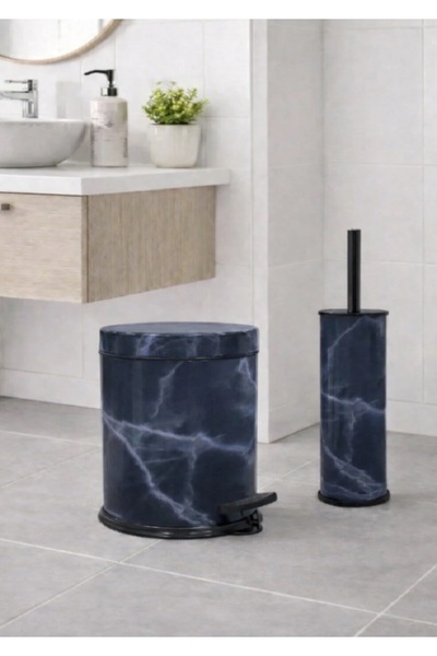 Femy Lacivert Mermer Desenli 2'li Banyo Seti - Metal Çöp Kovası 3 Lt ve WC Fı...