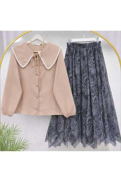 MODA VEDAT Women's Scallop Collar Shirt - Patterned Asymmetrical Cut Skirt Se...