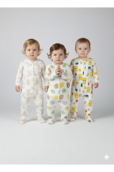 Momivi Kids 3'lü Adet Erkek/Kız Bebek Uzun Kollu Tulum Seti