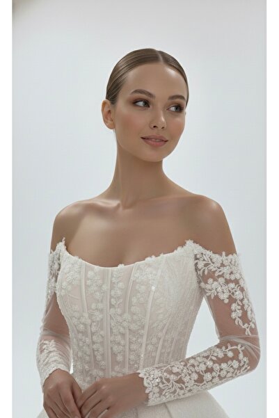 Ayşe gelinlik Prenses Kesim Düşük Omuz Dantel İşlemeli Uzun Kollu Fransız Güp...