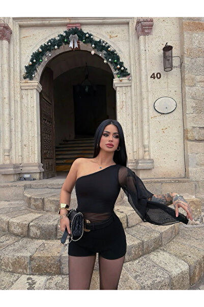 kırmızı butiks Tek Omuz Tül Detay Crop