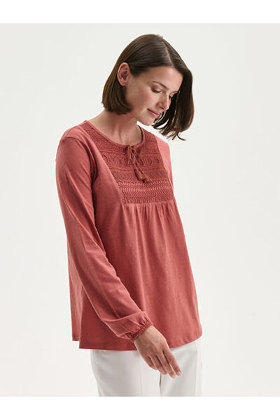 LC Waikiki Tie Collar Embroidered Blouse