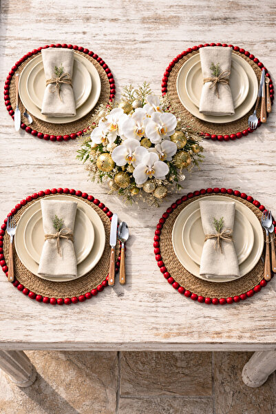 Marrone Lüx Amerikan Servis 35 cm 4'lü Kırmızı Detaylı Hasır Supla