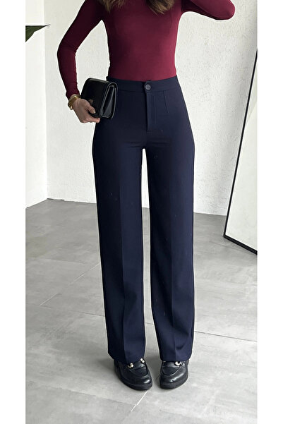 asfamoda Pantaloni de damă, albastru marin, cu talie înaltă, din țesătură, cu...