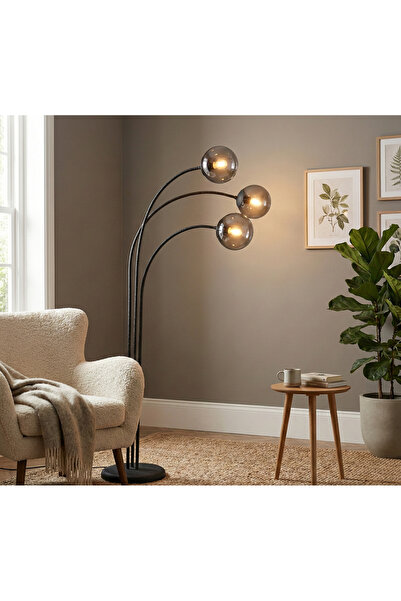 avizade AURİS 3’lü Kavisli Modern Siyah Metal Füme Cam Lambader - Dekoratif T...