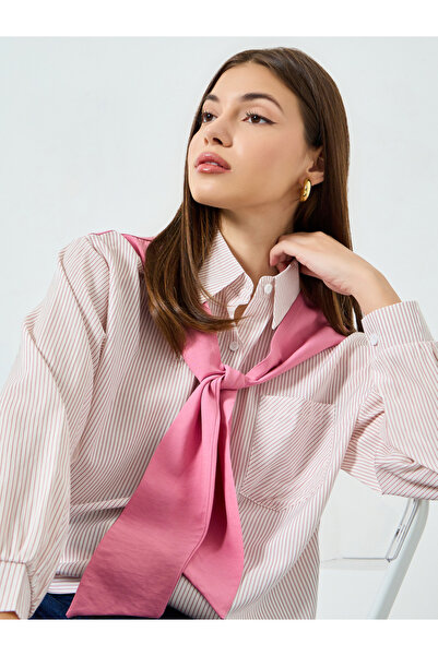Styli Pink Striped Long Sleeve Shirt with Pink Neck-Tie