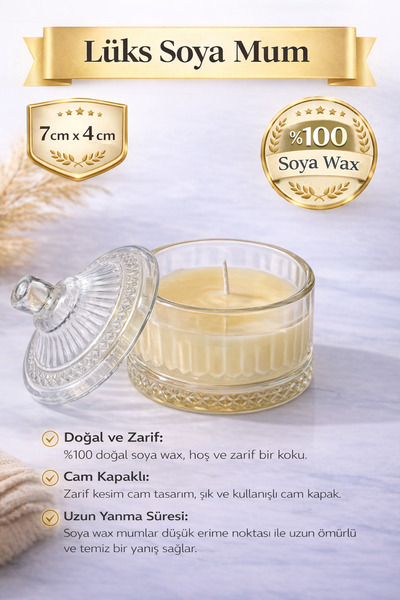 zulya Cam Kapaklı Lüks Soya Mum 7x4 cm – %100 Doğal Soya Wax, Şık Dekoratif C...