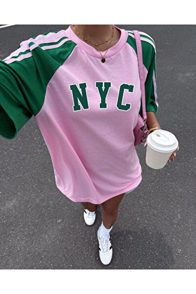 Touz Moda Retro Streetwear Club Pink Green Oversize T-Shirt