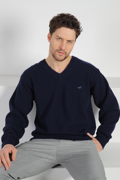 Ferraro Navy Blue V-Neck Men's Long Sleeve 100% Lamb Wool Knit Sweater
