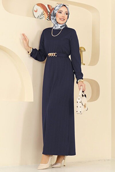 Sfg Life Moda Women's Gold Chain Belt Detailed Crew Neck Twisted Dress