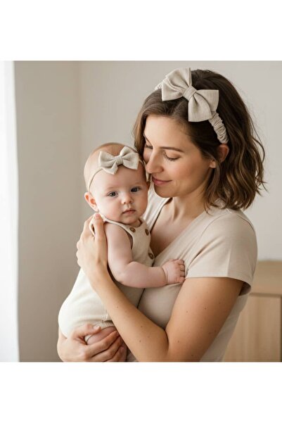 COLORFULLCLİPS Beige Linen Bow Crown-Band Mother Daughter Set