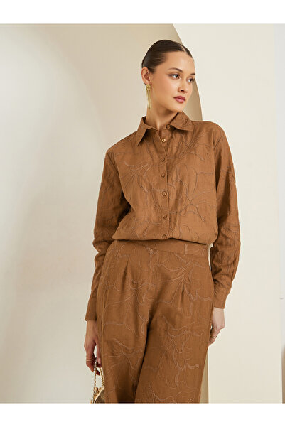 Styli Women Tan Embroidered Long Sleeve Shirt