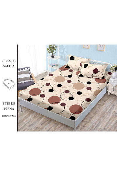 FIONNA.RO Husa cu Elastic si Fete de Perna Din Finet 180x200cm - Bej Cu Cercu...