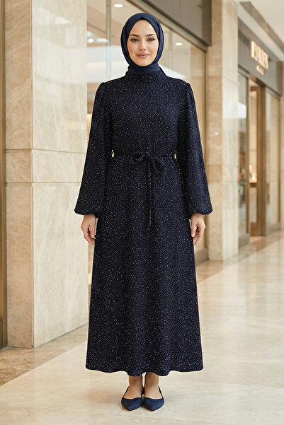 FERHEL Women's High Collar Stone Detailed Belted Lined Evening Dress - Navy Blue