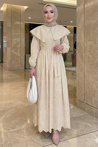 FERHEL Women's Cape Collar Lace Detailed Hijab Elegant Dress Beige