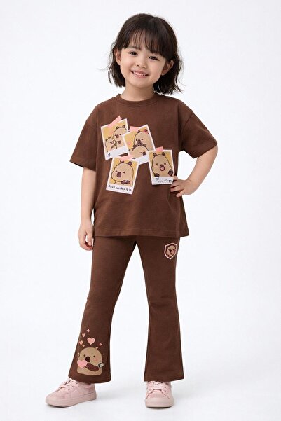 Monila Kız Çocuk Pamuklu Kahverengi Baskılı T-Shirt ve Fitilli İspanyol Paça ...
