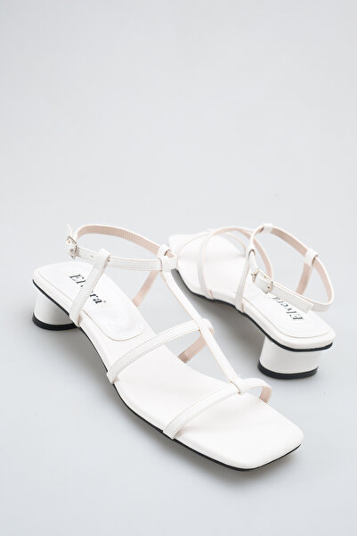 MALENTA Sandale cu toc geometric pentru femei, piele albă, design tip cușcă c...