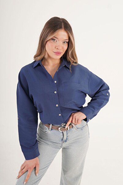 Hipo Trend Cămașă bleumarin cu mâneci cu dungi subțiri