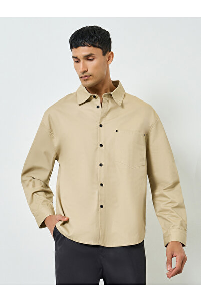 Styli Men Beige Cotton Oversized Shirt