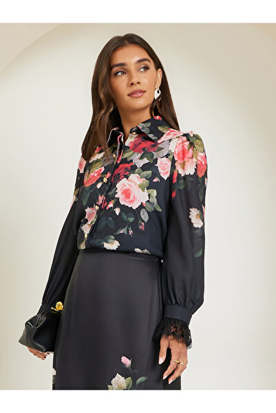 Styli Women Black Floral Print Long Sleeve Shirt