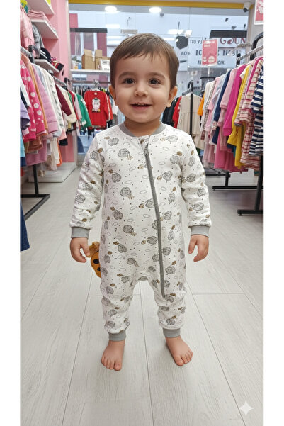 DİĞER1111 🐻 Ayıcıklı Fermuarlı Bebek Tulum – Gri Detaylı