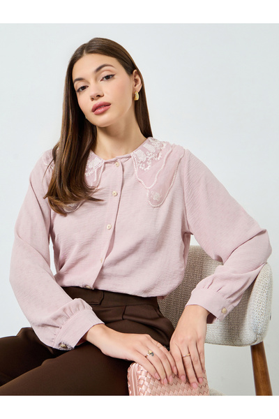 Styli Pink Lace Collar Buttoned Shirt
