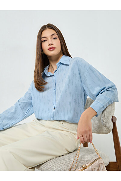 Styli Blue Textured Long Sleeve Oversized Shirt