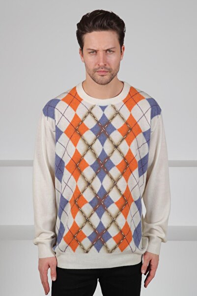 Ferraro Ecru/Orange Crew Neck Argyle Patterned Wool Men's Knitwear Sweater