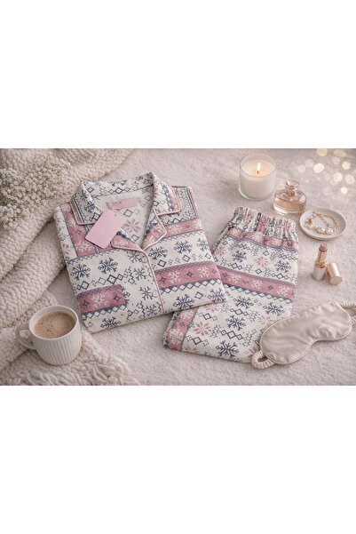 FK Women's Snow Pattern Pajama Set – Button-Down Long Sleeve Top & Elastic Bo...