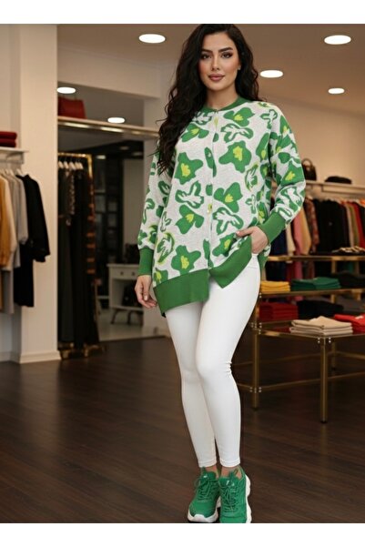 Polologin Butik Green Ribbed Viscose Tunic with Green and White Flowers