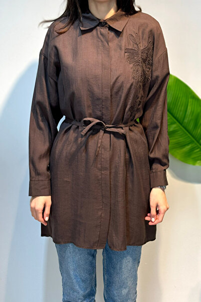 Lale Butik Embroidered Oversize Shirt Tunic 4471 Brown
