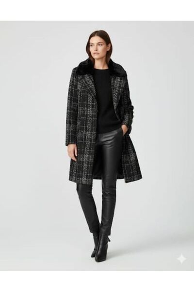 FİERTE Günay Kadın Büyük Beden Kaban Lm96183 Kaşe Çıkabllen Kürk Yaka Astarl