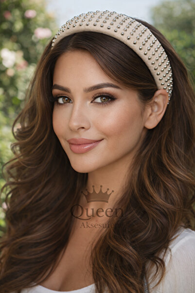 QUEEN AKSESUAR Luxury Design Wide Convex Leather Metal Studded Beaded Crown W...