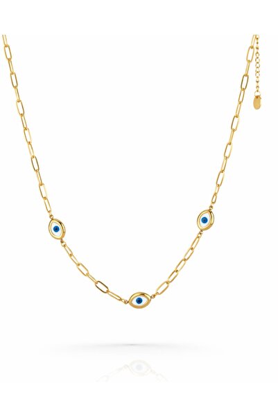Portakal Esintisi Oculia Paperclip Chain Steel Necklace with Evil Eye Beads