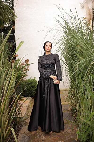MODABERİLBUTİKK Siyah Taş İşlemeli Saten Tesettür Abiye Elbise – Özel Gün & D...