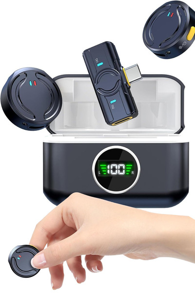 TechnoStation Kablosuz Yaka Mikrofonu Çift Mikrofon Kutulu Taşınabilir Mini Y...