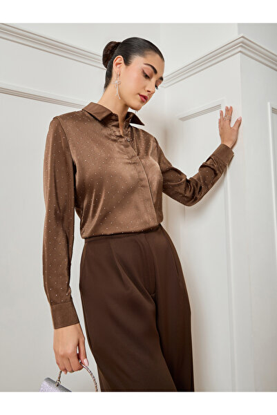 Styli Women Brown Embellished Satin Shirt