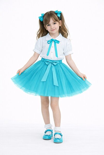 Nacar 23 Nisan 29 Ekim Gösteri Kıyafeti Kız Çocuk Beyaz Gömlekli Tül Etekli Ş...