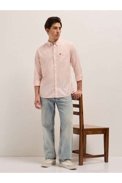 The Bear House By Styli pink cotton blend solid slim fit casual shirt